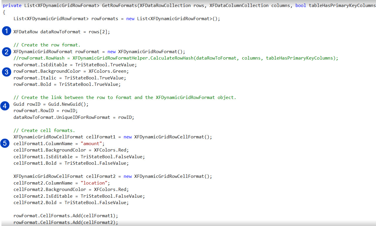 Example workspace assembly service code for row and cell formatting